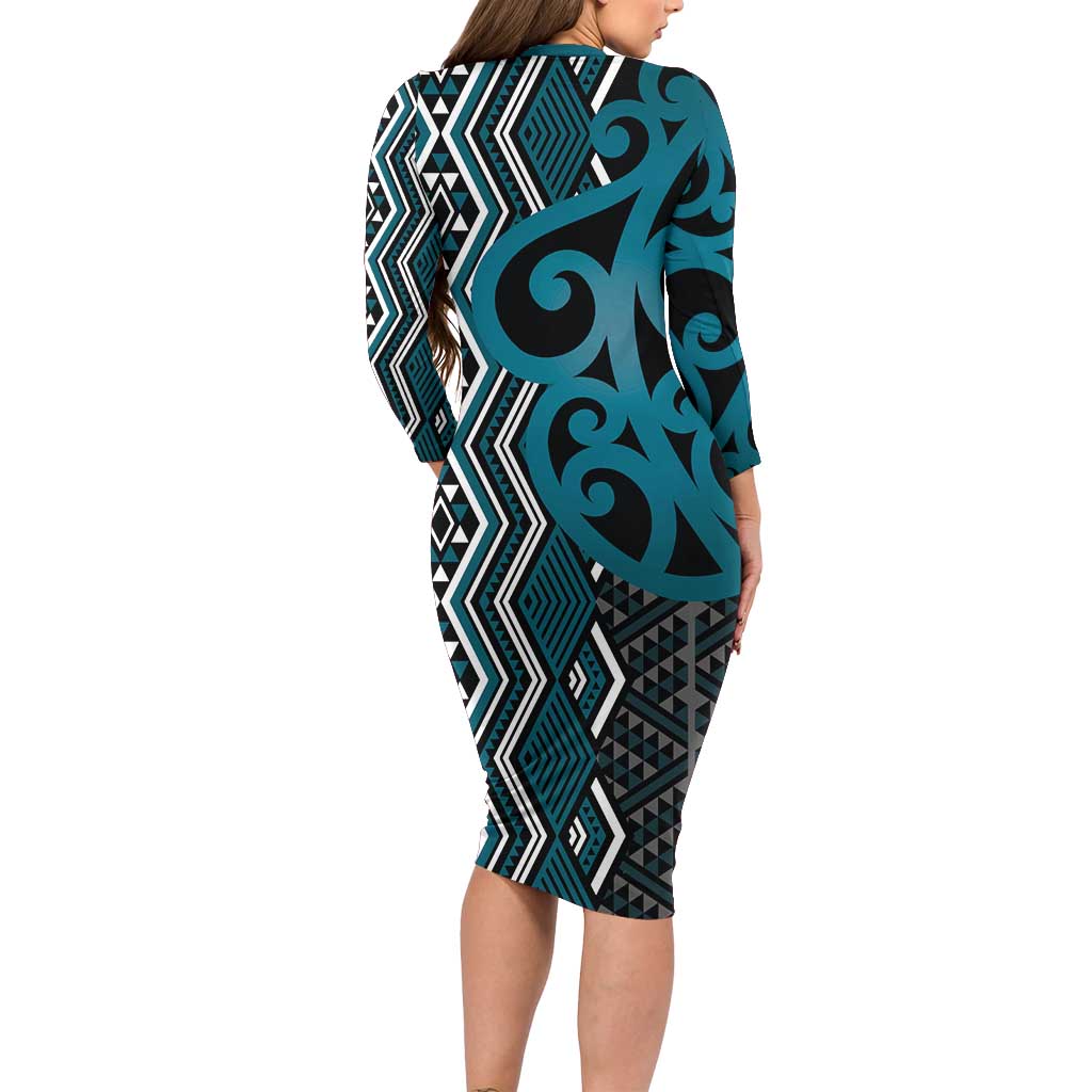 Maori Taniko Patterns Long Sleeve Bodycon Dress Azure Patiki Motifs Mix Whakairo Ngaru LT7 - Polynesian Pride