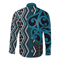 Maori Taniko Patterns Long Sleeve Button Shirt Azure Patiki Motifs Mix Whakairo Ngaru