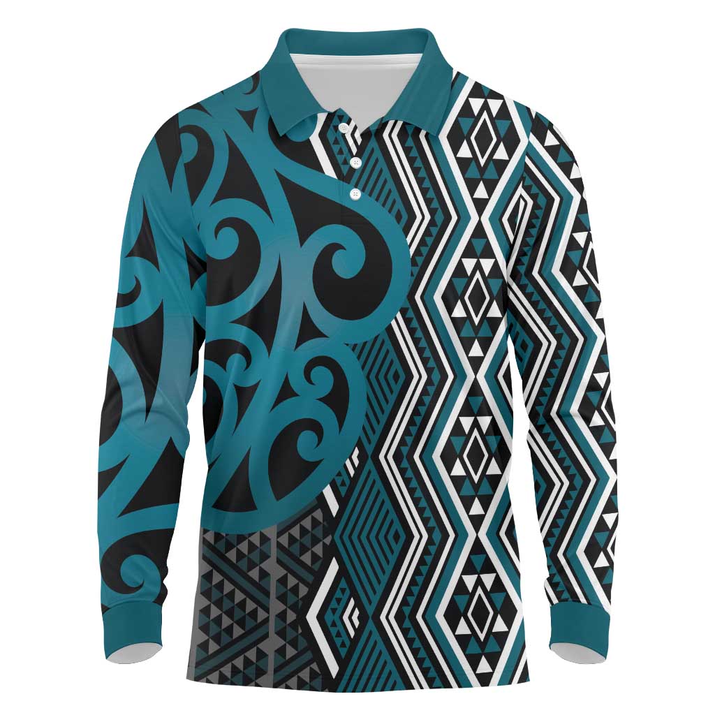 Maori Taniko Patterns Long Sleeve Polo Shirt Azure Patiki Motifs Mix Whakairo Ngaru LT7 Azure - Polynesian Pride