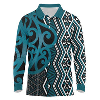 Maori Taniko Patterns Long Sleeve Polo Shirt Azure Patiki Motifs Mix Whakairo Ngaru LT7 Azure - Polynesian Pride