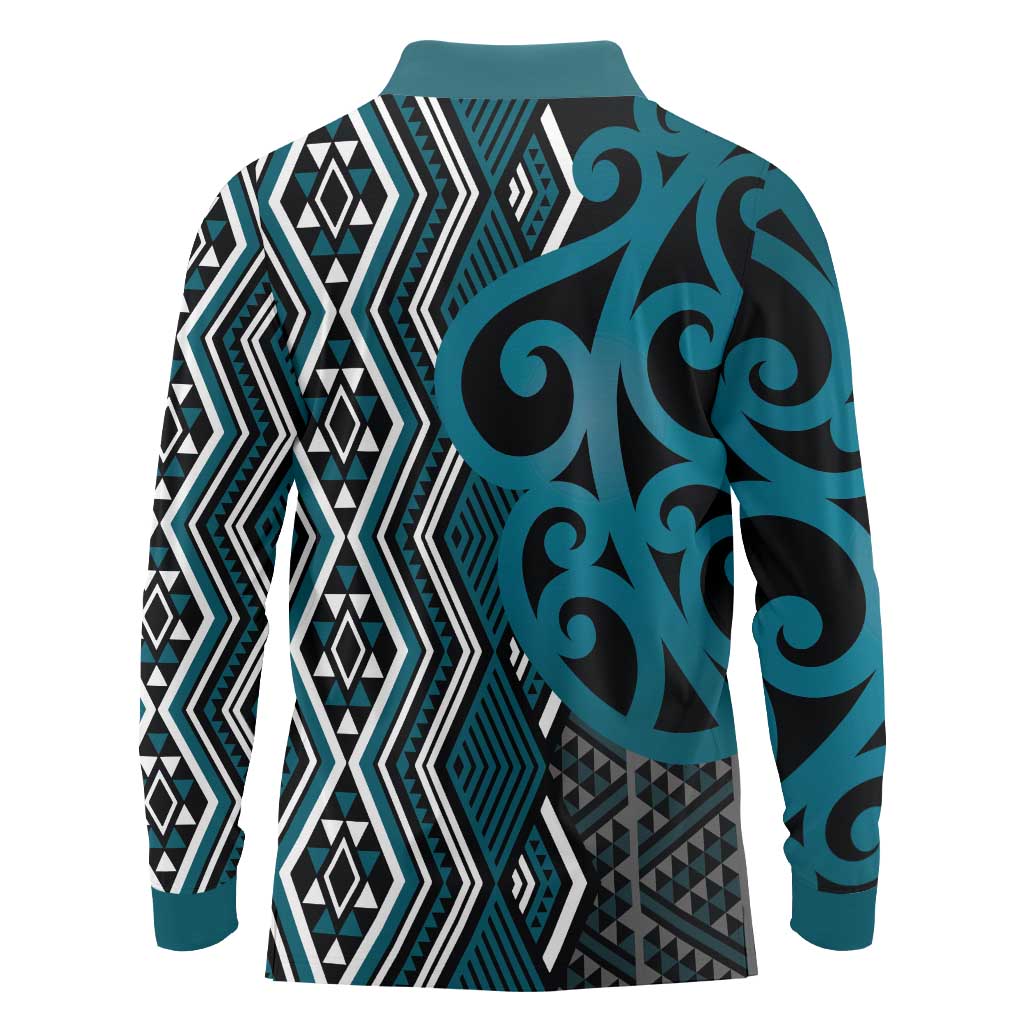 Maori Taniko Patterns Long Sleeve Polo Shirt Azure Patiki Motifs Mix Whakairo Ngaru LT7 - Polynesian Pride