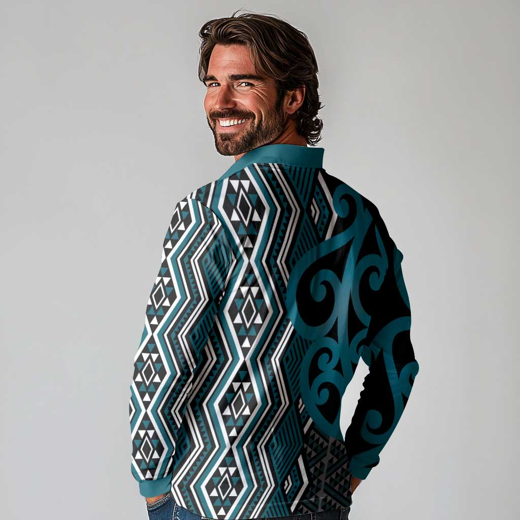 Maori Taniko Patterns Long Sleeve Polo Shirt Azure Patiki Motifs Mix Whakairo Ngaru LT7 - Polynesian Pride