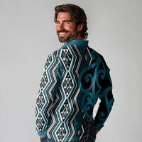 Maori Taniko Patterns Long Sleeve Polo Shirt Azure Patiki Motifs Mix Whakairo Ngaru LT7 - Polynesian Pride