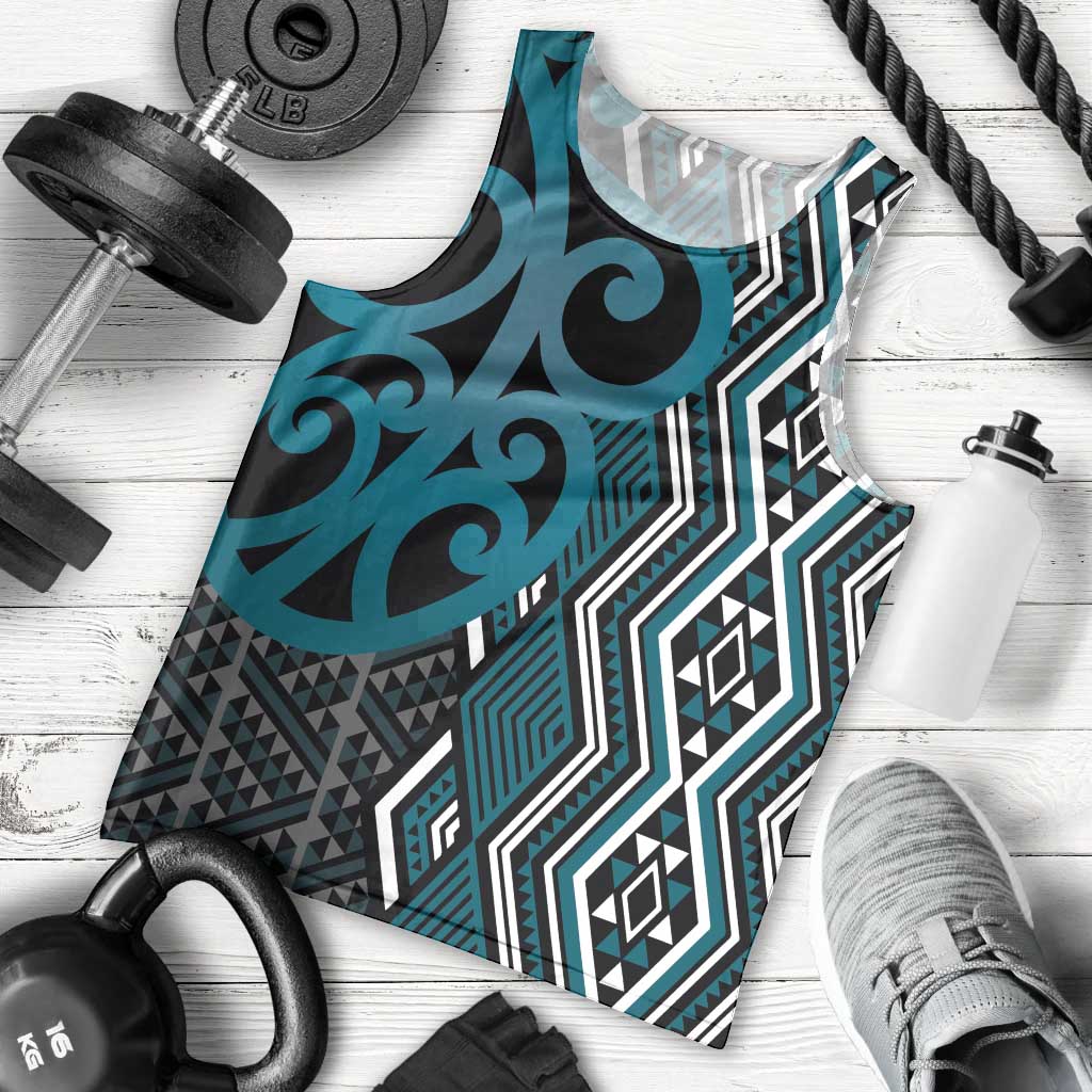 Maori Taniko Patterns Men Tank Top Azure Patiki Motifs Mix Whakairo Ngaru