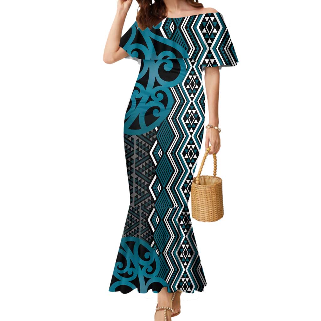 Maori Taniko Patterns Mermaid Dress Azure Patiki Motifs Mix Whakairo Ngaru LT7 Women Azure - Polynesian Pride