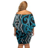 Maori Taniko Patterns Off Shoulder Short Dress Azure Patiki Motifs Mix Whakairo Ngaru LT7 - Polynesian Pride