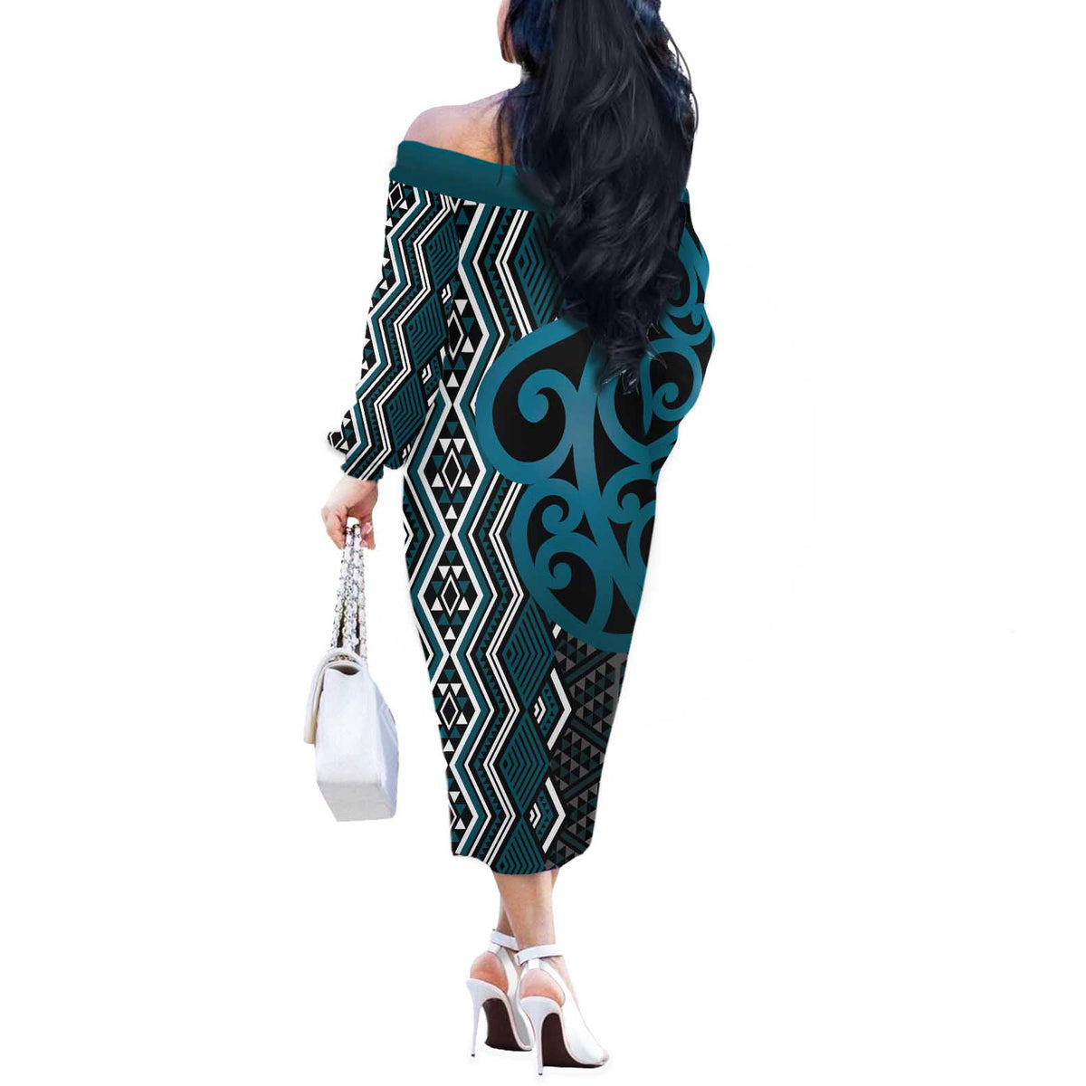 Maori Taniko Patterns Off The Shoulder Long Sleeve Dress Azure Patiki Motifs Mix Whakairo Ngaru LT7 - Polynesian Pride