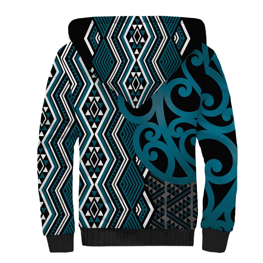 Maori Taniko Patterns Sherpa Hoodie Azure Patiki Motifs Mix Whakairo Ngaru LT7 - Polynesian Pride