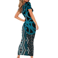Maori Taniko Patterns Short Sleeve Bodycon Dress Azure Patiki Motifs Mix Whakairo Ngaru LT7 - Polynesian Pride