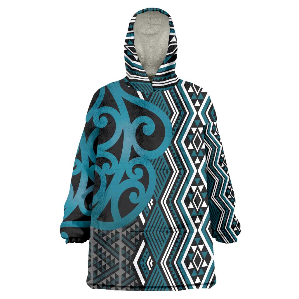 Maori Taniko Patterns Wearable Blanket Hoodie Azure Patiki Motifs Mix Whakairo Ngaru LT7 One Size Azure - Polynesian Pride