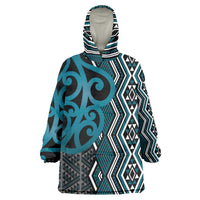 Maori Taniko Patterns Wearable Blanket Hoodie Azure Patiki Motifs Mix Whakairo Ngaru LT7 One Size Azure - Polynesian Pride