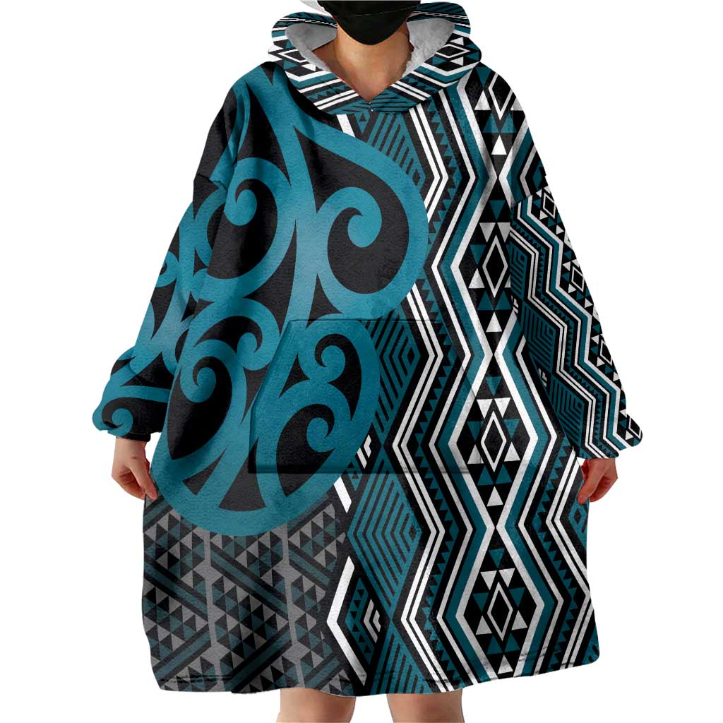 Maori Taniko Patterns Wearable Blanket Hoodie Azure Patiki Motifs Mix Whakairo Ngaru LT7 - Polynesian Pride