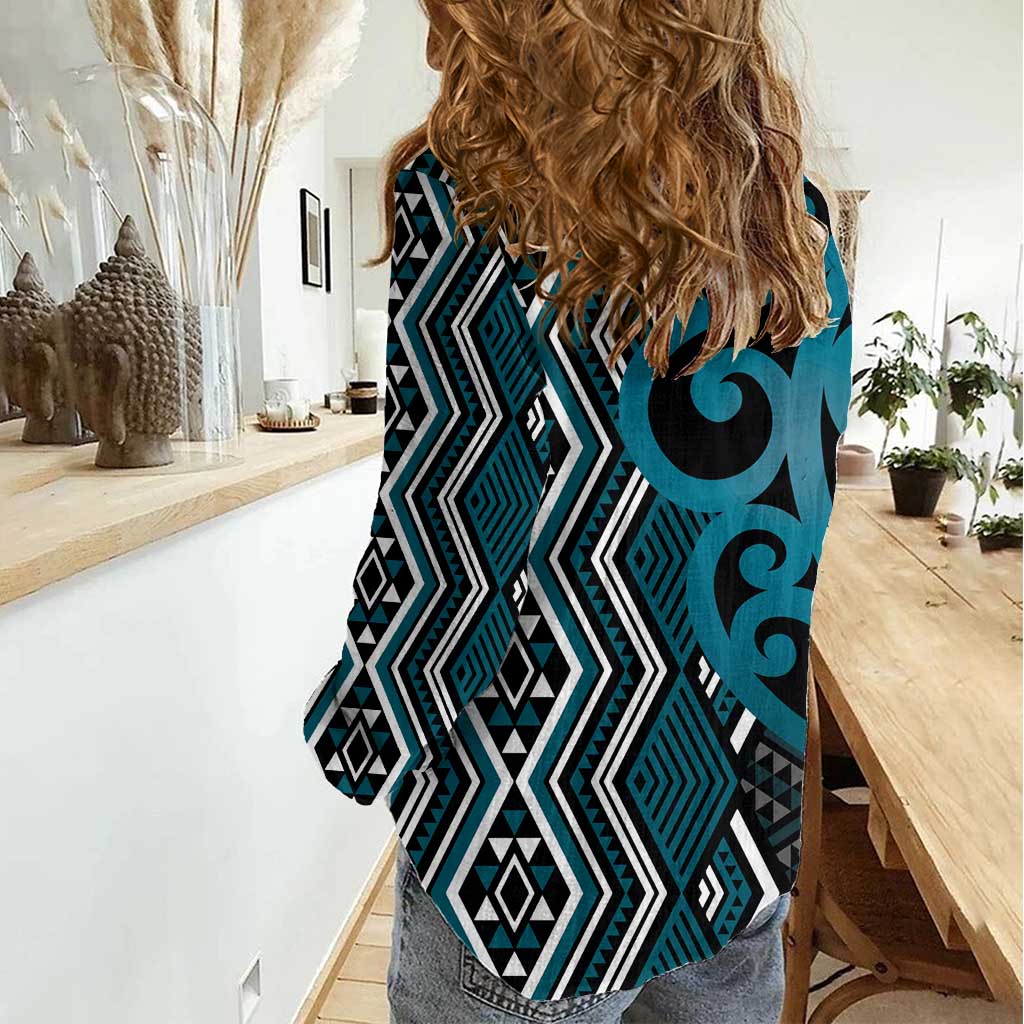 Maori Taniko Patterns Women Casual Shirt Azure Patiki Motifs Mix Whakairo Ngaru LT7 - Polynesian Pride