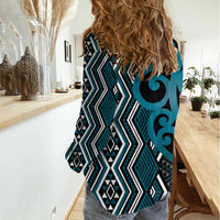 Maori Taniko Patterns Women Casual Shirt Azure Patiki Motifs Mix Whakairo Ngaru LT7 - Polynesian Pride