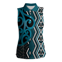 Maori Taniko Patterns Women Sleeveless Polo Shirt Azure Patiki Motifs Mix Whakairo Ngaru LT7 Female Azure - Polynesian Pride