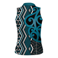 Maori Taniko Patterns Women Sleeveless Polo Shirt Azure Patiki Motifs Mix Whakairo Ngaru LT7 - Polynesian Pride
