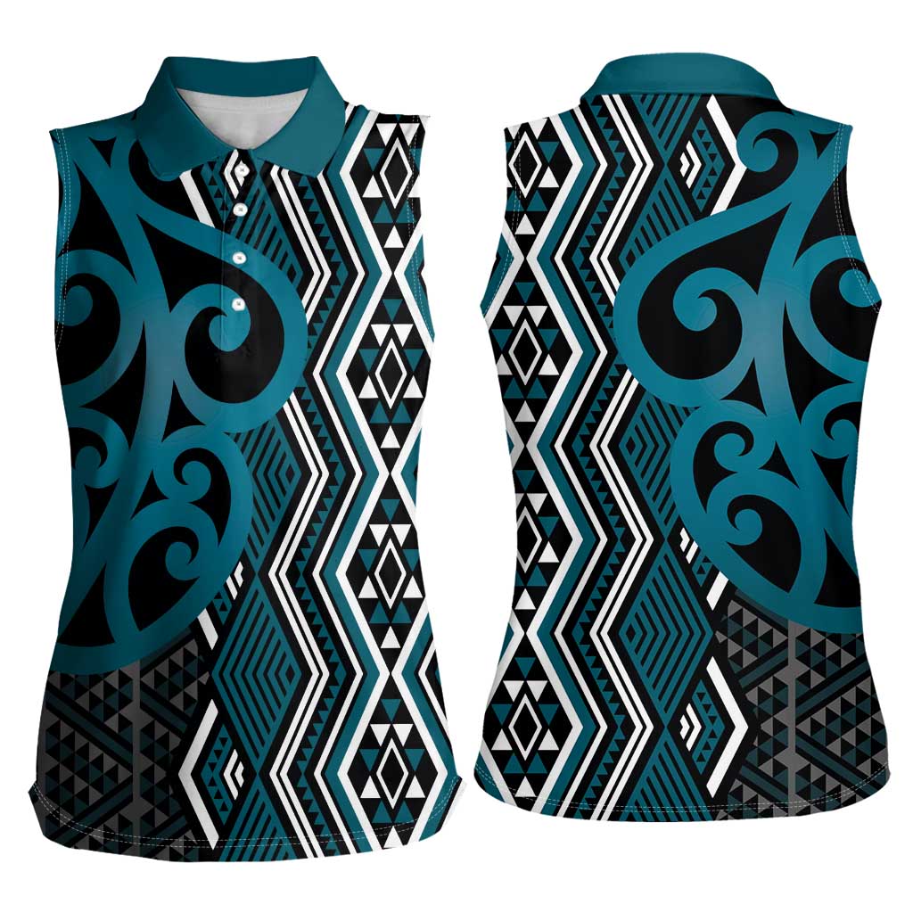 Maori Taniko Patterns Women Sleeveless Polo Shirt Azure Patiki Motifs Mix Whakairo Ngaru LT7 - Polynesian Pride