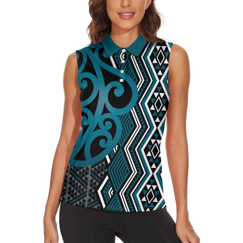 Maori Taniko Patterns Women Sleeveless Polo Shirt Azure Patiki Motifs Mix Whakairo Ngaru LT7 - Polynesian Pride