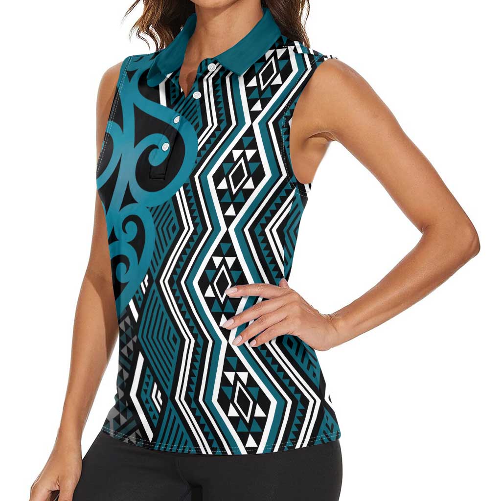 Maori Taniko Patterns Women Sleeveless Polo Shirt Azure Patiki Motifs Mix Whakairo Ngaru LT7 - Polynesian Pride