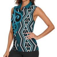 Maori Taniko Patterns Women Sleeveless Polo Shirt Azure Patiki Motifs Mix Whakairo Ngaru LT7 - Polynesian Pride