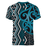 Maori Taniko Patterns Women V-Neck T-Shirt Azure Patiki Motifs Mix Whakairo Ngaru LT7 - Polynesian Pride