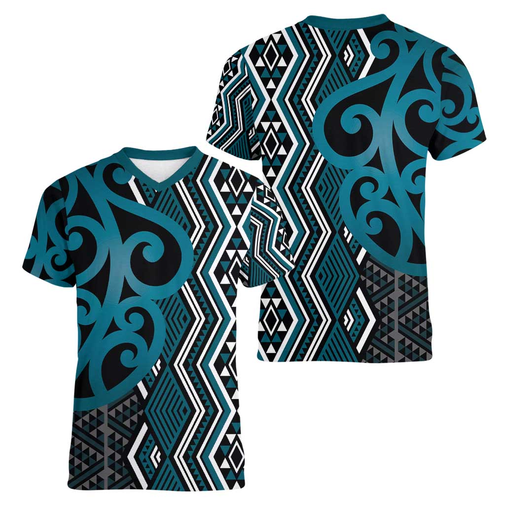 Maori Taniko Patterns Women V-Neck T-Shirt Azure Patiki Motifs Mix Whakairo Ngaru LT7 - Polynesian Pride