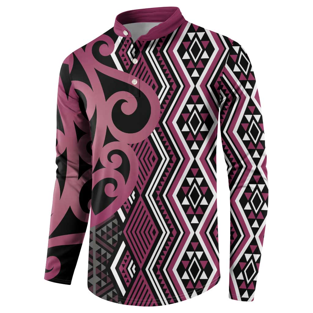 Maori Taniko Patterns Button Sweatshirt Pink Patiki Motifs Mix Whakairo Ngaru LT7 - Polynesian Pride