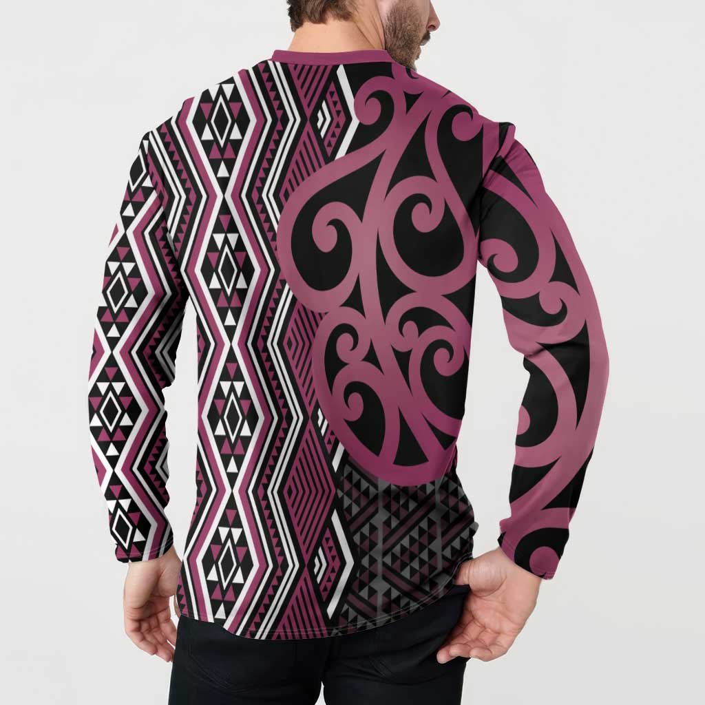 Maori Taniko Patterns Button Sweatshirt Pink Patiki Motifs Mix Whakairo Ngaru LT7 - Polynesian Pride