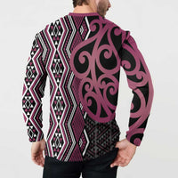 Maori Taniko Patterns Button Sweatshirt Pink Patiki Motifs Mix Whakairo Ngaru LT7 - Polynesian Pride