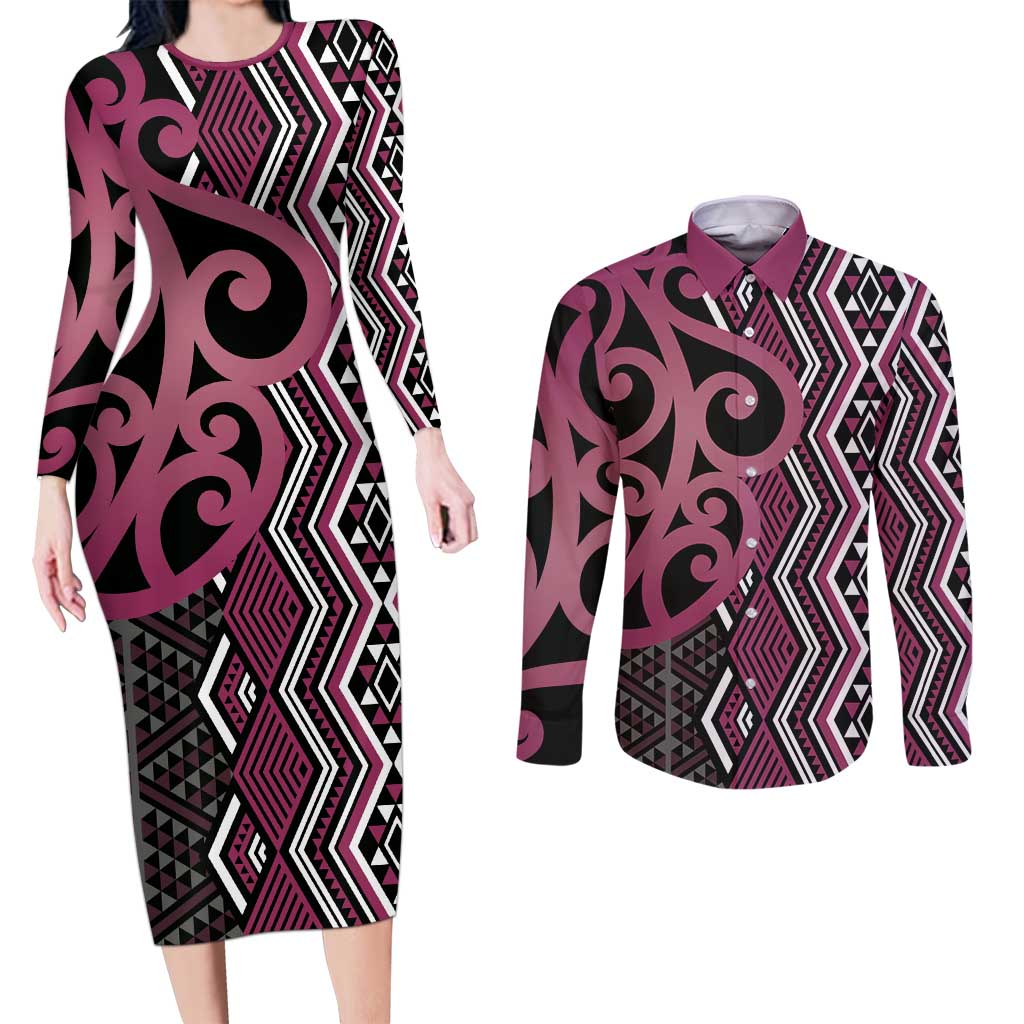 Maori Taniko Patterns Couples Matching Long Sleeve Bodycon Dress and Long Sleeve Button Shirt Pink Patiki Motifs Mix Whakairo Ngaru