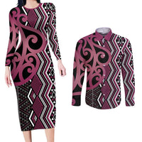 Maori Taniko Patterns Couples Matching Long Sleeve Bodycon Dress and Long Sleeve Button Shirt Pink Patiki Motifs Mix Whakairo Ngaru LT7 Pink - Polynesian Pride