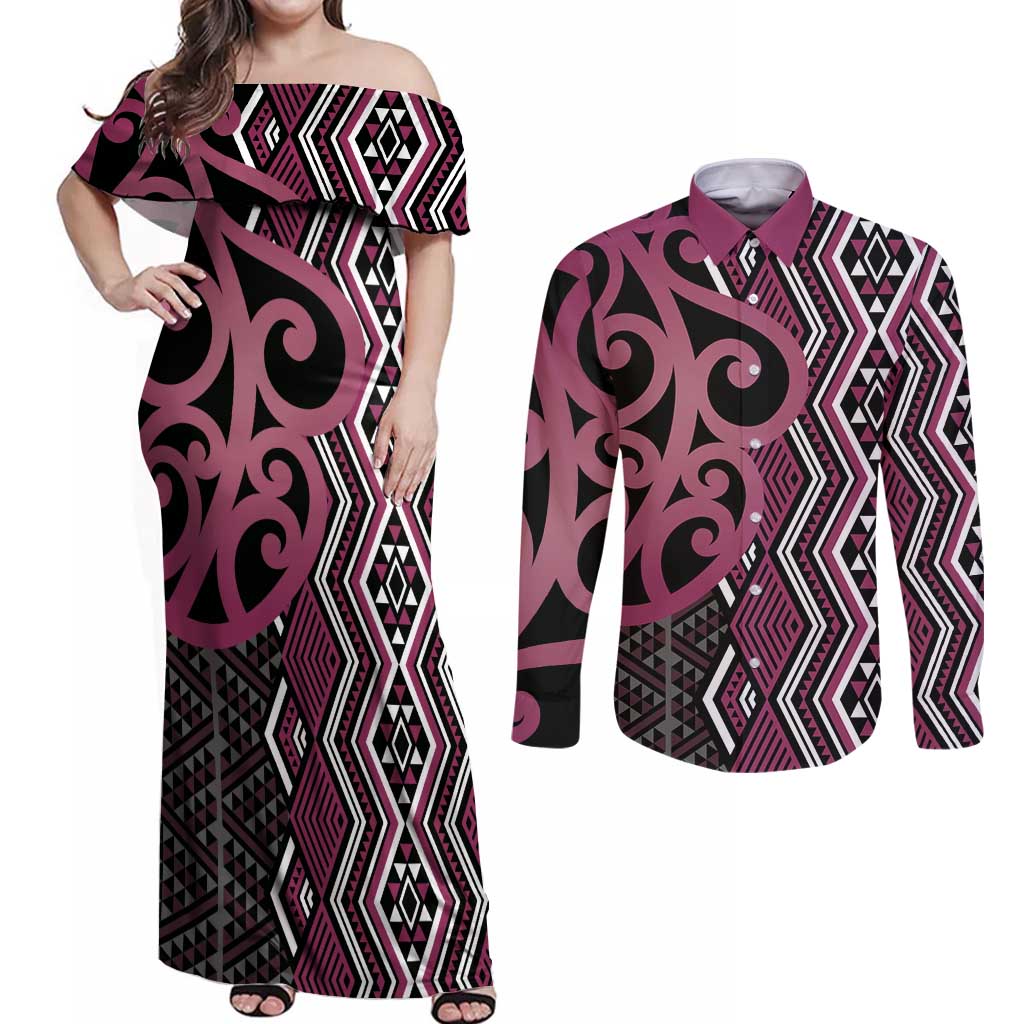 Maori Taniko Patterns Couples Matching Off Shoulder Maxi Dress and Long Sleeve Button Shirt Pink Patiki Motifs Mix Whakairo Ngaru LT7 Pink - Polynesian Pride