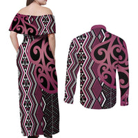Maori Taniko Patterns Couples Matching Off Shoulder Maxi Dress and Long Sleeve Button Shirt Pink Patiki Motifs Mix Whakairo Ngaru LT7 - Polynesian Pride