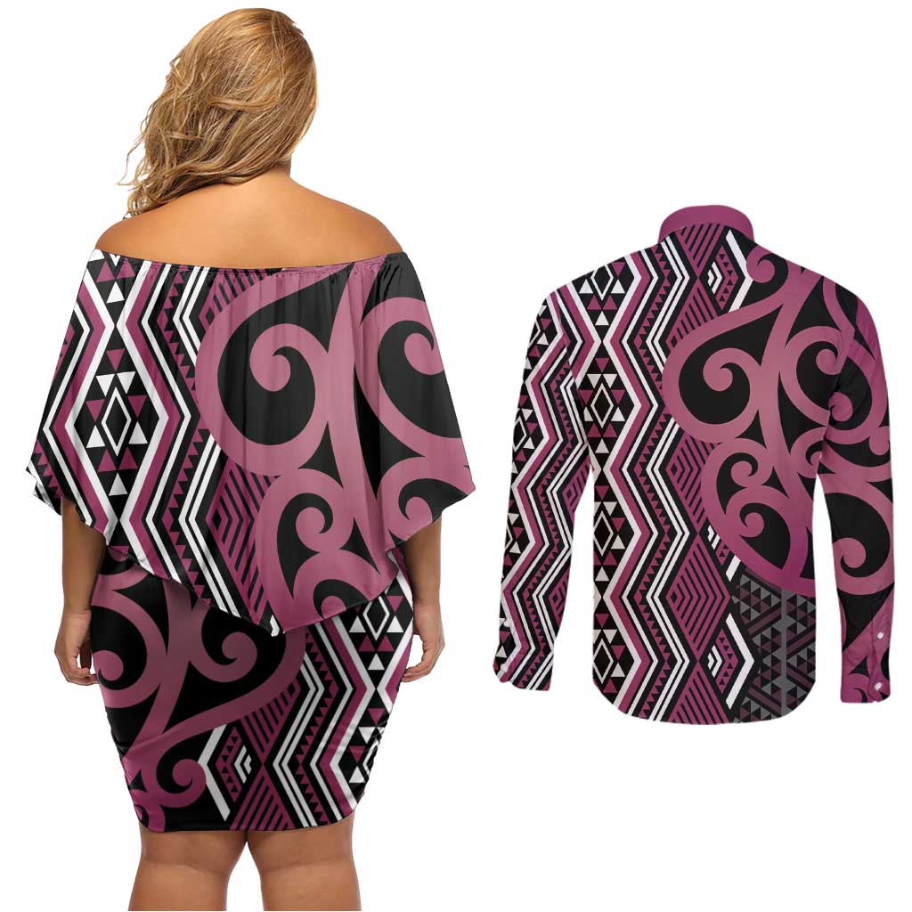 Maori Taniko Patterns Couples Matching Off Shoulder Short Dress and Long Sleeve Button Shirt Pink Patiki Motifs Mix Whakairo Ngaru LT7 - Polynesian Pride