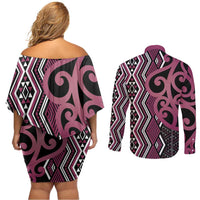 Maori Taniko Patterns Couples Matching Off Shoulder Short Dress and Long Sleeve Button Shirt Pink Patiki Motifs Mix Whakairo Ngaru LT7 - Polynesian Pride