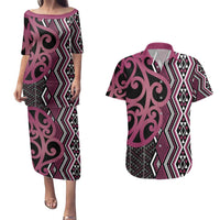 Maori Taniko Patterns Couples Matching Puletasi and Hawaiian Shirt Pink Patiki Motifs Mix Whakairo Ngaru LT7 Pink - Polynesian Pride