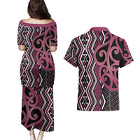 Maori Taniko Patterns Couples Matching Puletasi and Hawaiian Shirt Pink Patiki Motifs Mix Whakairo Ngaru LT7 - Polynesian Pride