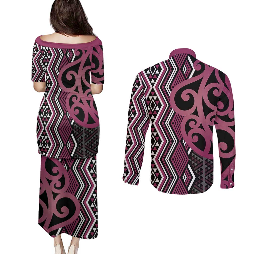 Maori Taniko Patterns Couples Matching Puletasi and Long Sleeve Button Shirt Pink Patiki Motifs Mix Whakairo Ngaru LT7 - Polynesian Pride