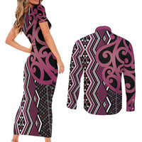 Maori Taniko Patterns Couples Matching Short Sleeve Bodycon Dress and Long Sleeve Button Shirt Pink Patiki Motifs Mix Whakairo Ngaru LT7 - Polynesian Pride