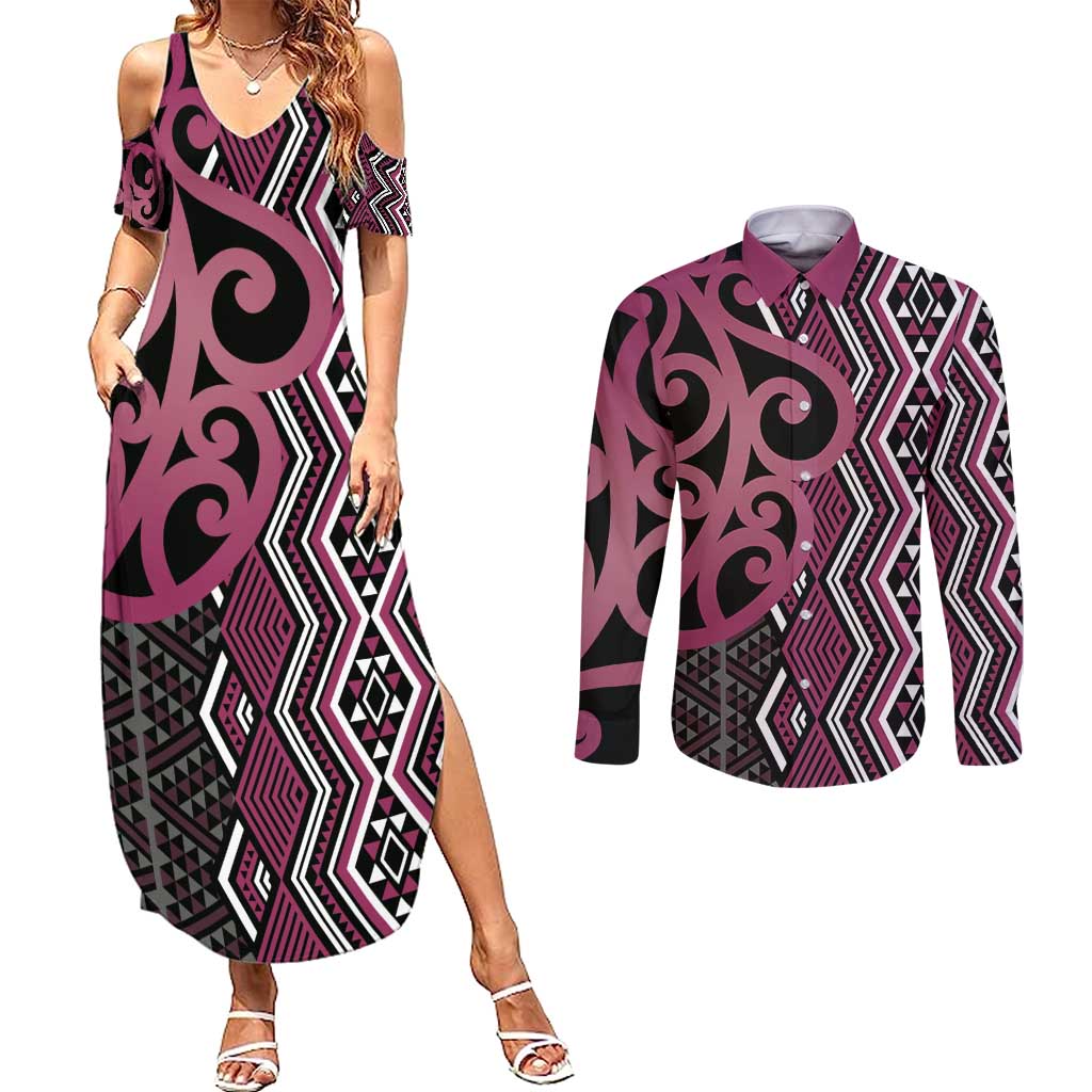 Maori Taniko Patterns Couples Matching Summer Maxi Dress and Long Sleeve Button Shirt Pink Patiki Motifs Mix Whakairo Ngaru LT7 Pink - Polynesian Pride