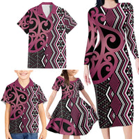 Maori Taniko Patterns Family Matching Long Sleeve Bodycon Dress and Hawaiian Shirt Pink Patiki Motifs Mix Whakairo Ngaru LT7 - Polynesian Pride
