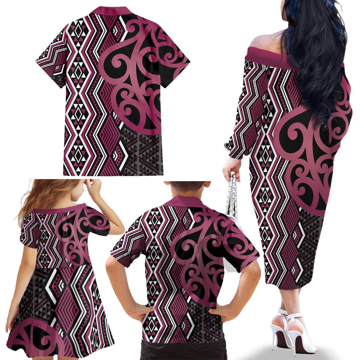 Maori Taniko Patterns Family Matching Off The Shoulder Long Sleeve Dress and Hawaiian Shirt Pink Patiki Motifs Mix Whakairo Ngaru LT7 - Polynesian Pride