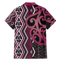 Maori Taniko Patterns Family Matching Off The Shoulder Long Sleeve Dress and Hawaiian Shirt Pink Patiki Motifs Mix Whakairo Ngaru LT7 - Polynesian Pride