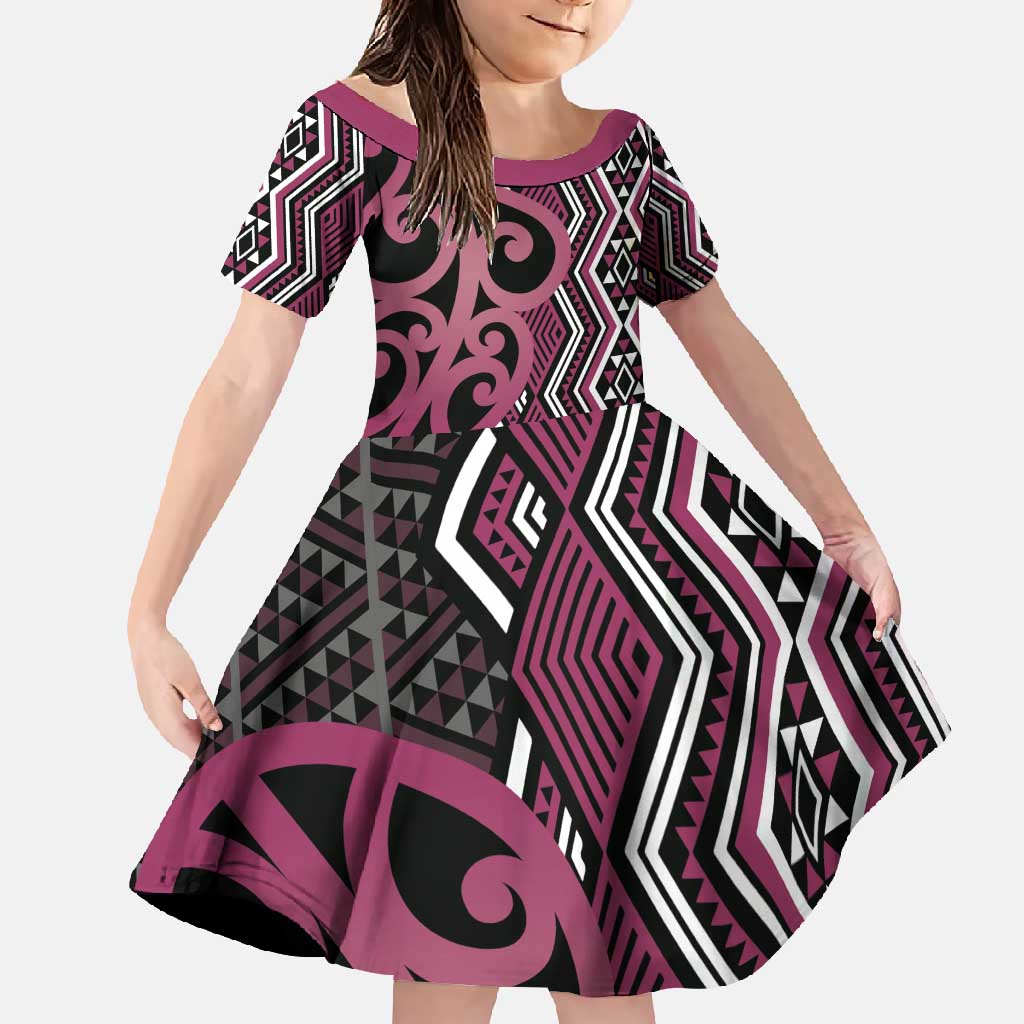 Maori Taniko Patterns Family Matching Off Shoulder Maxi Dress and Hawaiian Shirt Pink Patiki Motifs Mix Whakairo Ngaru LT7 Daughter's Dress Pink - Polynesian Pride