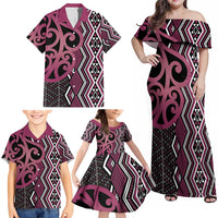 Maori Taniko Patterns Family Matching Off Shoulder Maxi Dress and Hawaiian Shirt Pink Patiki Motifs Mix Whakairo Ngaru LT7 - Polynesian Pride