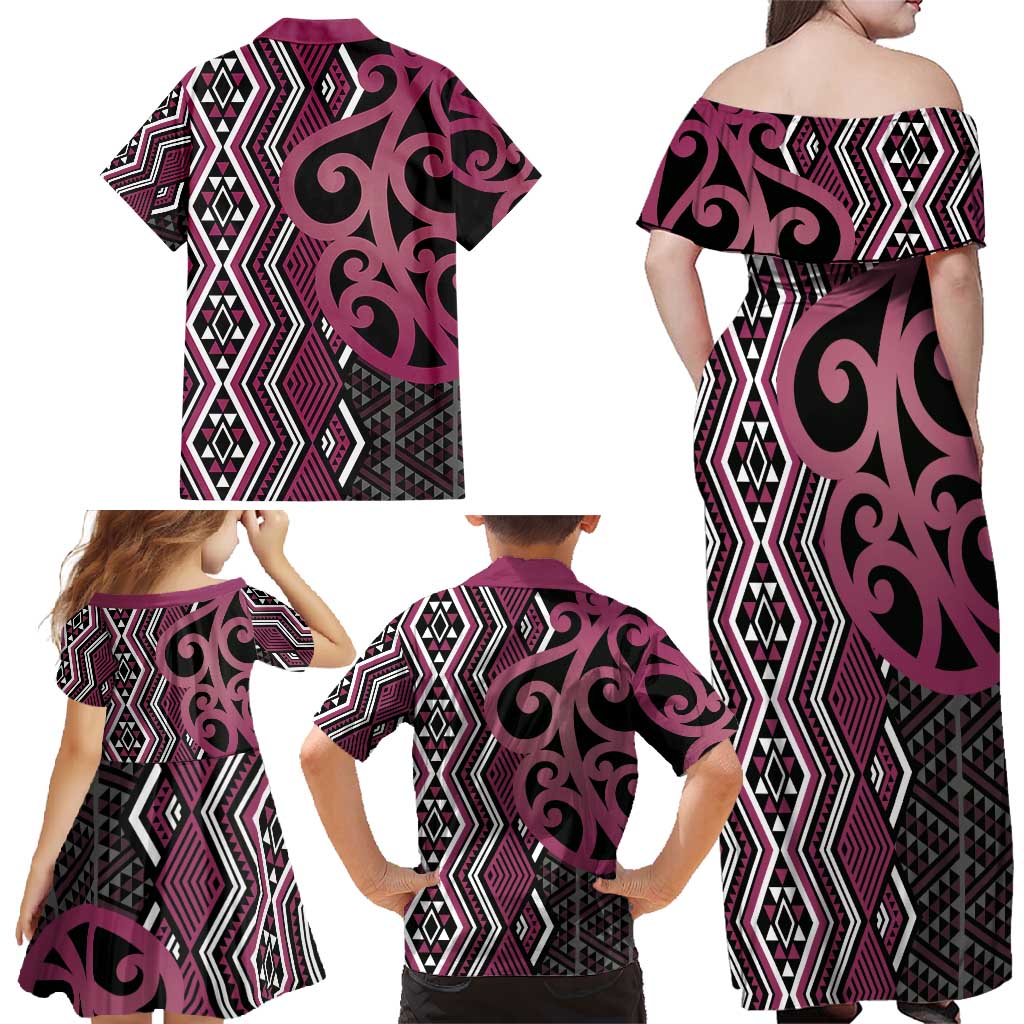 Maori Taniko Patterns Family Matching Off Shoulder Maxi Dress and Hawaiian Shirt Pink Patiki Motifs Mix Whakairo Ngaru LT7 - Polynesian Pride