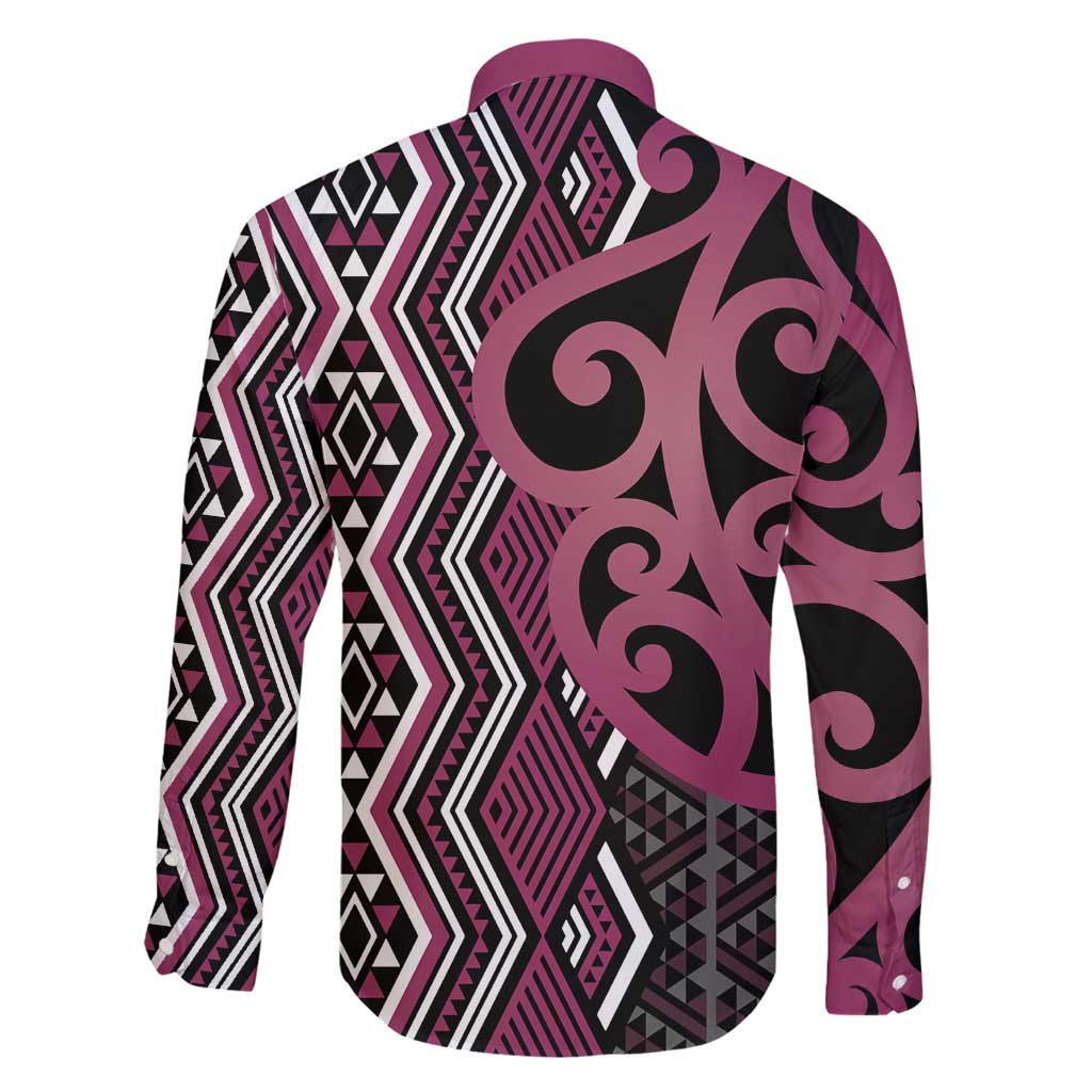 Maori Taniko Patterns Family Matching Off Shoulder Maxi Dress and Hawaiian Shirt Pink Patiki Motifs Mix Whakairo Ngaru LT7 - Polynesian Pride