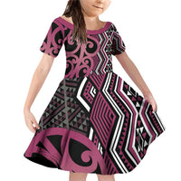 Maori Taniko Patterns Family Matching Off Shoulder Short Dress and Hawaiian Shirt Pink Patiki Motifs Mix Whakairo Ngaru LT7 Daughter's Dress Pink - Polynesian Pride