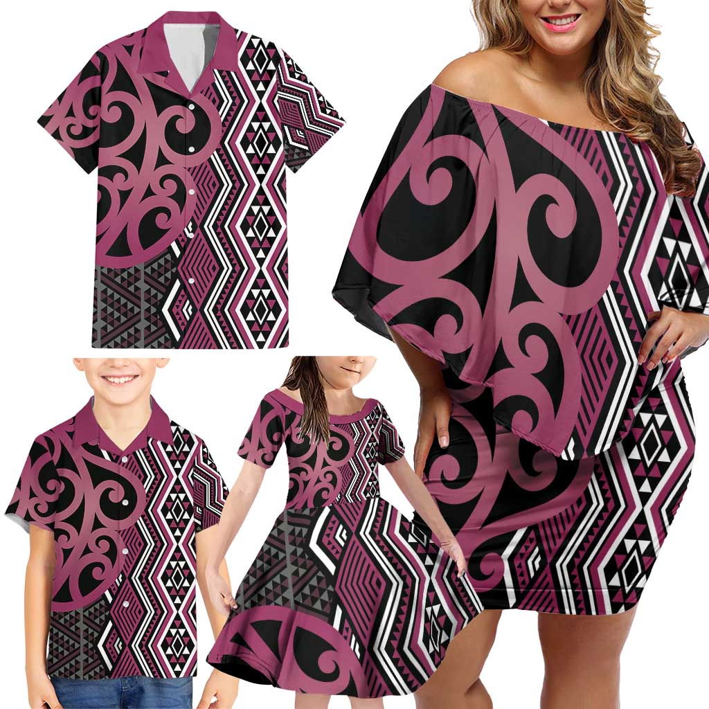 Maori Taniko Patterns Family Matching Off Shoulder Short Dress and Hawaiian Shirt Pink Patiki Motifs Mix Whakairo Ngaru LT7 - Polynesian Pride