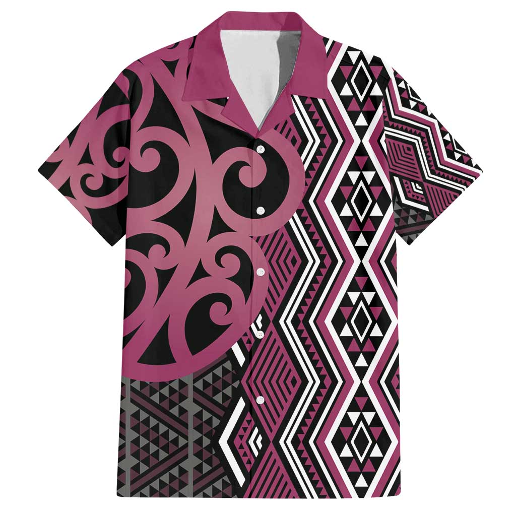 Maori Taniko Patterns Family Matching Off Shoulder Short Dress and Hawaiian Shirt Pink Patiki Motifs Mix Whakairo Ngaru LT7 Dad's Shirt - Short Sleeve Pink - Polynesian Pride